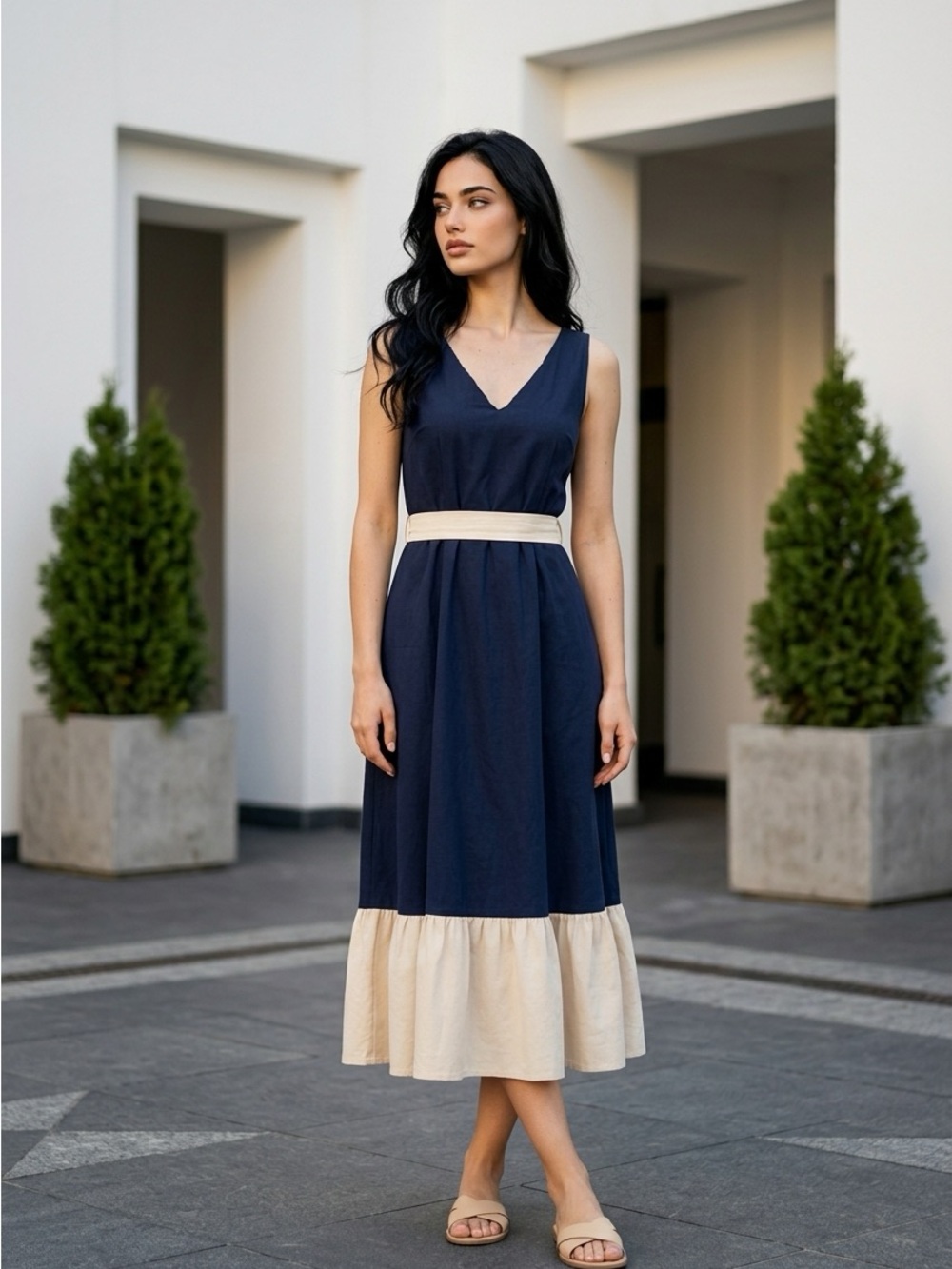 DKNY Navy and Cream Sleeveless Wrap Maxi Dress with Tie Waist - Size 10